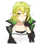  1girl 2018 ;3 alternate_hair_length alternate_hairstyle black_gloves black_jacket blonde_hair breasts cleavage closed_mouth collarbone dated elf elsword gloves heart jacket long_sleeves medium_hair one_eye_closed open_clothes open_jacket pointy_ears rena_erindel sasa_(sa1008va) shiny_hair shirt simple_background sketch solo straight_hair v white_background white_shirt yellow_eyes 