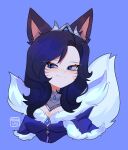  1girl ahri_(league_of_legends) animal_ears artist_name bangs black_hair blue_background blue_eyes closed_mouth cropped_torso facial_mark fox_ears fox_girl fox_tail fur-trimmed_kimono fur_trim gem hair_ornament highres japanese_clothes kimono league_of_legends long_hair looking_at_viewer midnight_ahri mizah_(mizah) shiny_hair simple_background smile smug solo tail whisker_markings 