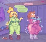  2023 animal_crossing anthro belly big_belly big_breasts big_bulge big_butt blush breasts bulge butt canid canine canis chubby_gynomorph clothed clothing dialogue digital_media_(artwork) domestic_dog duo english_text erection erection_under_clothing eulipotyphlan flustered gynomorph hammerspace hammerspace_balls hammerspace_breasts hammerspace_hips hammerspace_penis hedgehog hi_res huge_bulge huge_butt intersex isabelle_(animal_crossing) jumpsuit keffotin mammal nintendo nipples sable_able sequence snowsuit speech_bubble text thick_thighs trans_(lore) trans_woman_(lore) wardrobe_malfunction wide_hips 