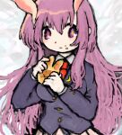  1girl :x :| animal-shaped_food animal_ears bad_drawr_id bad_id bangs blazer bread bread_bun closed_mouth crescent dade_ne eating expressionless extra_ears food food_art food_on_face hair_between_eyes hands_up holding holding_food jacket long_hair long_sleeves looking_at_viewer necktie oekaki purple_eyes purple_hair rabbit_ears red_necktie reisen_udongein_inaba solo touhou upper_body w_arms wing_collar 