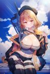  1girl anis_(nikke) bangs breasts brown_eyes brown_hair cleavage cloud cloudy_sky goddess_of_victory:_nikke grenade_launcher gun gun_on_back hat highres jacket large_breasts medium_hair open_clothes open_jacket sha_(nz2) short_shorts shorts sitting sky smile solo standing weapon weapon_on_back 