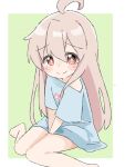  1girl ahoge bangs bare_shoulders barefoot between_legs blush_stickers brown_hair closed_mouth commentary_request feet_out_of_frame green_background grey_shirt hair_between_eyes hand_between_legs highres kapuru_0410 long_hair looking_at_viewer off_shoulder onii-chan_wa_oshimai orange_eyes oyama_mahiro shirt short_sleeves sitting smile solo two-tone_background very_long_hair wariza white_background 