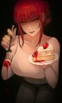  1girl bangs black_background bra_visible_through_clothes braid breasts cake chainsaw_man collarbone folded_hair food fork fruit happy_birthday highres holding holding_fork incoming_food large_breasts looking_at_viewer makima_(chainsaw_man) plate red_hair ringed_eyes shirt sidelocks solo solraka strawberry strawberry_shortcake white_shirt yellow_eyes 