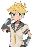  1boy antenna_hair arm_up bangs blonde_hair blue_eyes blush closed_mouth collarbone commentary_request detached_sleeves grey_shirt grey_shorts hair_between_eyes hand_on_hip hand_up headphones highres holding holding_microphone kagamine_len long_sleeves looking_at_viewer male_focus messy_hair microphone musical_note musical_note_print necktie ponytail puffy_short_sleeves puffy_sleeves sailor_collar shirt short_hair short_ponytail short_sleeves shorts simple_background solo standing throat_microphone v-shaped_eyebrows vanilla_(miotanntann) vocaloid white_background wide_sleeves yellow_necktie 
