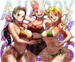  3girls :d absurdres arm_tattoo bikini black_eyes black_hair breasts brown_eyes cleavage closed_mouth confetti didd_ley eyewear_on_head gold_bikini green_bikini groin hand_on_hip headphones highres large_breasts long_hair looking_at_viewer low_ponytail low_twintails multicolored_hair multiple_girls nami_(one_piece) navel nico_robin one_piece one_piece_film:_red open_mouth orange_hair outstretched_arms plaid plaid_bikini ponytail purple_eyes red_bikini red_hair side-tie_bikini_bottom smile split-color_hair stomach sunglasses swimsuit tattoo teeth thighs twintails two-tone_hair two_side_up uta_(one_piece) white_hair 