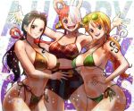  3girls bikini black_eyes black_hair breasts cleavage didd_ley groin highres large_breasts long_hair multicolored_hair multiple_girls nami_(one_piece) navel nico_robin one_piece one_piece_film:_red open_mouth orange_eyes orange_hair ponytail purple_eyes red_hair sunglasses swimsuit tattoo thighs uta_(one_piece) white_hair 