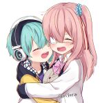  age_difference aqua_hair black_hood blue_scrunchie bow bowtie breasts brown_cardigan cardigan closed_eyes eyepatch headphones heads_together heart hood hoodie hug jacket large_breasts long_hair medical_eyepatch nei_akutsu one_side_up onee-shota open_mouth original os_(os_fresa) pink_bow pink_bowtie pink_hair scrunchie shirt short_hair smile souta_kandori twitter_username upper_body white_hoodie white_jacket white_shirt yellow_sleeves 