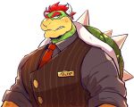  anthro black_clothing black_shirt black_suit black_topwear bodily_fluids bowser clothing eyebrows formal_clothing formal_wear hair hi_res japanese_text koopa male mario_bros name_tag necktie nintendo red_hair red_necktie reptile rolled_up_sleeves scalie shell shirt simple_background solo spiked_shell spikes spikes_(anatomy) sweat sweatdrop text thick_eyebrows topwear yowasabimechaoc 