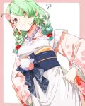  1girl absurdres antlers apron ceres_fauna flower frilled_apron frills green_hair hair_flower hair_ornament hands_on_hips highres hololive hololive_english iris_(tb33064667) japanese_clothes kimono long_hair looking_at_viewer mole mole_under_eye obi official_alternate_costume pink_kimono print_kimono sash simple_background smile virtual_youtuber yellow_eyes 