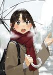  1girl bag blush brown_coat brown_eyes brown_hair coat commentary_request douki-chan_(douki-chan) earrings ganbare_douki-chan highres holding holding_umbrella jewelry long_hair long_sleeves looking_at_viewer open_mouth outdoors red_scarf scarf short_hair snow solo sweater teeth umbrella upper_teeth_only white_sweater yomu_(sgt_epper) 