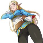  1girl ass_visible_through_thighs belt black_pants blonde_hair blue_tunic breasts from_below green_eyes long_hair looking_at_viewer looking_down medium_breasts monbetsu_kuniharu pants pointy_ears princess_zelda solo standing the_legend_of_zelda the_legend_of_zelda:_breath_of_the_wild thighs tight tight_pants upskirt 