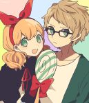  1boy 1girl :d bangs black-framed_eyewear black_dress blonde_hair bow candy casual collarbone dress food frown glasses green_eyes green_shirt hair_bow hairband light_blush light_brown_hair lollipop looking_at_viewer looking_away low_twintails maco22 medium_hair multicolored_background neck_ribbon open_mouth original oversized_food red_bow red_hairband red_ribbon ribbon shirt short_hair short_twintails smile swirl_lollipop t-shirt twintails upper_body white_shirt 