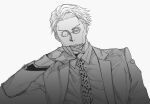  1boy animal_print collared_shirt crosshatching formal goggles greyscale hatching_(texture) highres jujutsu_kaisen leopard_print long_sleeves looking_at_viewer male_focus mineco000 monochrome nanami_kento necktie shirt short_hair solo suit upper_body 