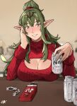  1girl breasts can cleavage_cutout clothing_cutout fire_emblem fire_emblem_awakening food green_eyes green_hair highres holding holding_can large_breasts long_hair looking_at_viewer pocky pointy_ears ponytail red_sweater ribbed_sweater sakuremi sidelocks smile solo sweater table teeth tiki_(adult)_(fire_emblem) tiki_(fire_emblem) 