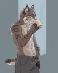 anthro beverage bobcat coffee container cup drinking felid feline felis hi_res lynx male mammal quill_(nicnak044) shirtless skitalets solo 
