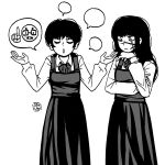 2girls black_hair black_ribbon chainsaw_man closed_eyes collared_shirt cross_scar crossed_arms dress greyscale hand_on_own_chin highres long_hair looking_at_another meme mitaka_asa monochrome multiple_girls neck_ribbon nerd_emoji open_mouth osulan pinafore_dress ribbon scar scar_on_cheek scar_on_face shirt simple_background twintails white_background white_shirt yoru_(chainsaw_man) 