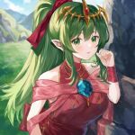 1girl bare_shoulders breasts dress fire_emblem fire_emblem:_mystery_of_the_emblem fire_emblem_awakening fire_emblem_heroes grass green_eyes green_hair highres jewelry jurge long_hair necklace official_alternate_costume pink_dress pointy_ears ponytail short_dress solo stone tiara tiki_(adult)_(fire_emblem) tiki_(fire_emblem) upper_body 