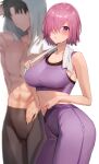  1boy 1girl absurdres bangs bare_shoulders black_hair blush breasts collarbone fate/grand_order fate_(series) fujimaru_ritsuka_(male) hair_over_one_eye highres large_breasts light_purple_hair looking_at_viewer mash_kyrielight navel open_mouth pants purple_eyes purple_pants purple_sports_bra rororo short_hair sports_bra thighs topless_male towel yoga_pants 