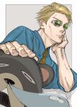  1boy animal_print blonde_hair blue_shirt collared_shirt goggles jujutsu_kaisen leopard_print male_focus mineco000 nanami_kento necktie shirt short_hair sleeves_rolled_up solo stuffed_animal stuffed_toy teddy_bear upper_body yellow_necktie 