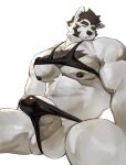  anthro balls barazoku bare_shoulders biceps big_biceps big_muscles big_pecs black_body black_fur bottomwear canid canine canis chest_tuft clothed clothing digital_media_(artwork) doooo2424 facial_hair fur genitals hair hi_res huge_muscles male mammal muscular muscular_male partially_clothed pecs penis raised_clothing raised_shirt raised_tank_top raised_topwear shirt simple_background sleeping solo tank_top topwear tuft wolf 