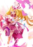  1girl absurdres bare_shoulders blonde_hair clenched_teeth collarbone cowboy_shot cure_butterfly earrings highres hirogaru_sky!_precure jewelry joy_ride lips long_hair looking_at_viewer magical_girl nail_polish one_eye_closed pink_eyes precure purple_nails shipu_(gassyumaron) single_thighhigh smile solo teeth thighhighs 