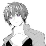  1boy absurdres closed_mouth gundam gundam_seed hair_between_eyes high_collar highres kira_yamato kudou_makoto light_smile looking_at_viewer male_focus monochrome pilot_suit purple_eyes short_hair solo spot_color uniform upper_body white_background 