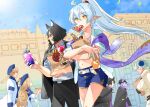  3girls 4boys ahoge animal_ears bag belt black_hair blonde_hair blue_hair blue_shorts candy_apple cat_ears confetti cup day disposable_cup drink eating facial_hair flower food furry grocery_bag hair_flower hair_ornament high_ponytail highres light_blue_hair long_hair mouth_hold multiple_boys multiple_girls navel neu-ko outdoors pixiv_fantasia pixiv_fantasia_scepter_of_zeraldia pointy_ears shopping_bag short_hair shorts stubble veil white_belt yellow_eyes 