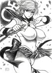  1girl bangs bishoujo_senshi_sailor_moon bow breasts choker commentary covered_navel dagger elbow_gloves gloves greyscale hands_up holding holding_weapon knife large_breasts leg_up leotard lips looking_at_viewer monochrome parted_lips petals pleated_skirt reverse_grip sailor_collar sailor_senshi_uniform sailor_uranus short_hair simple_background skidrow skirt ten&#039;ou_haruka thighs weapon 