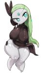  big_breasts blue_eyes breasts clothed clothing female generation_5_pokemon hi_res humanoid legendary_pokemon looking_at_viewer meloetta menyang nintendo pokemon pokemon_(species) solo thick_thighs white_body 
