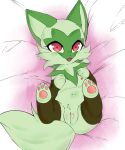  absurd_res blush clothing female feral generation_9_pokemon genitals green_body hi_res jarp-art legwear looking_at_viewer nintendo open_mouth pokemon pokemon_(species) pussy red_eyes solo spread_legs spreading sprigatito 