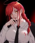  1girl bangs black_coat black_necktie blood blood_on_clothes blood_on_face braid braided_ponytail chainsaw_man coat coat_on_shoulders collared_shirt gradient gradient_background halo head_removed light_smile long_hair looking_at_viewer makima_(chainsaw_man) necktie prodviks red_hair red_halo ringed_eyes shirt sidelocks solo white_shirt yellow_eyes 