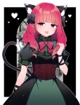  1girl :p absurdres alternate_hairstyle animal_ear_fluff animal_ears arm_at_side arm_ribbon bangs black_bow black_dress black_ribbon blunt_bangs blush bow bowtie breasts cat_ears cat_tail chromatic_aberration corset cowboy_shot dress drill_hair drill_locks extra_ears frilled_sleeves frills green_dress hair_bow hair_down half-closed_eyes hand_up heart heart_tail highres indoors kaenbyou_rin large_breasts long_hair looking_at_viewer multiple_tails nekomata outline pointy_ears red_bow red_bowtie red_eyes red_hair ribbon slit_pupils smile snow solo tail tongue tongue_out touhou tree two_tails white_outline window you_(noanoamoemoe) 