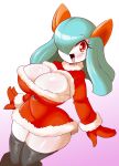  3_fingers absurd_res anthro big_breasts big_butt blush breasts butt christmas clothing costume female fingers generation_3_pokemon hi_res holidays huge_breasts kirlia legwear lucyfercomic nintendo pokemon pokemon_(species) santa_costume simple_background smile solo stockings thick_thighs wide_hips 