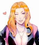  1girl bleach blush breasts cleavage collarbone heart japanese_clothes jewelry large_breasts long_hair looking_at_viewer matsumoto_rangiku mole mole_under_mouth necklace one_eye_closed open_mouth orange_hair pink_scarf scarf simple_background smile tobu_0w0 white_background 
