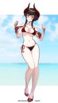  1girl absurdres artist_name bangs beach bikini black_bikini black_hair black_nails blue_sky breasts closed_mouth cloud cloudy_sky eliza_(tekken) full_body high_heels highres horns looking_at_viewer nail_polish navel outdoors pale_skin rappe92 sky solo standing swimsuit tekken tekken_7 vampire water yellow_eyes 