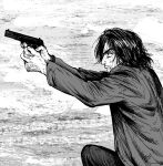 1boy absurdres arms_up black_hair facial_hair greyscale gun highres holding holding_gun holding_weapon jacket kneeling korean_commentary looking_away male_focus medium_hair messy_hair monochrome monster_(manga) my_nameisyoon sideways solo stubble tenma_kenzou weapon wet wet_clothes wet_face 
