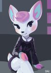  absurd_res animal_crossing anthro black_bottomwear black_clothing black_nose black_shirt black_skirt black_topwear blush bottomwear breasts clothed clothing crossed_legs deer diana_(animal_crossing) digital_media_(artwork) eyelashes female fur hair hi_res hooves jewelry kemokin_mania mammal necklace nintendo pink_hair shirt sitting skirt smile solo topwear white_body white_fur 