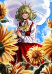  1girl absurdres ascot center_frills closed_mouth collared_shirt commentary_request flower frilled_ascot frilled_shirt_collar frills green_hair happy head_tilt highres holding holding_umbrella kazami_yuuka kuya_(hey36253625) long_sleeves outdoors parasol plaid plaid_skirt plaid_vest red_eyes red_skirt red_vest shirt sketch skirt skirt_set smile solo sunflower touhou umbrella upper_body vest wavy_hair white_shirt yellow_ascot 