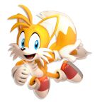  2019 3d_(artwork) anthro blue_eyes canid canine clothing digital_media_(artwork) dipstick_tail footwear fox fur gloves handwear hi_res jcthornton male mammal markings miles_prower open_mouth open_smile sega shoes smile solo sonic_the_hedgehog_(series) tail tail_markings white_body white_fur yellow_body yellow_fur 