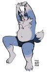  absurd_res anthro blue canid canine chest_(disambiguation) fluffy fox hi_res invalid_tag male mammal slightly_chubby solo stretching tail theslutyfox 