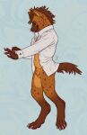  2022 anthro artist_logo blue_eyes bottomless brown_body brown_fur brown_mane closed_smile clothed clothing crotch_tuft dated featureless_crotch fur glistening glistening_eyes hi_res hyena logo male mammal mane mouth_closed open_clothing open_topwear orange_body orange_fur pawpads purple_nose purple_pawpads purple_spots riorix simple_background solo spots spotted_body spotted_fur spotted_legs spotted_neck standing topwear tuft white_clothing white_topwear 