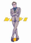  1boy animal_print blonde_hair blue_shirt collared_shirt crossed_arms formal full_body goggles grey_pants grey_suit jujutsu_kaisen long_sleeves male_focus mineco000 nanami_kento necktie pants shirt short_hair solo standing suit yellow_necktie 