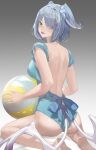  1girl absurdres alternate_hairstyle ass back backless_swimsuit ball bangs bare_back beachball blue_eyes blue_hair blue_one-piece_swimsuit blue_ribbon blue_wings blush bob_cut breasts dragon_tail elira_pendora eyes_visible_through_hair fangs from_behind gradient gradient_background hair_ornament hair_over_one_eye head_wings heterochromia highres large_breasts looking_at_viewer looking_back low_wings median_furrow multicolored_hair nijisanji nijisanji_en one-piece_swimsuit one_eye_covered open_mouth purple_eyes ribbon senjou216 short_hair short_sleeves sitting sleeved_one-piece_swimsuit smile solo swimsuit tail virtual_youtuber wariza white_hair wings x_hair_ornament 