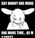  angry anthro black_background clothing dialogue english_text eyelashes hair hair_over_eyes hi_res janis_(twang) lagomorph leporid long_hair looking_at_viewer male mammal monochrome motion_lines rabbit reaction_image shirt simple_background solo text threat threatening topwear twang 