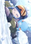  1boy aged_down blue_hair closed_eyes goggles goggles_on_head grin grusha_(pokemon) hat highres jacket long_hair long_sleeves male_focus mittens mocacoffee_1001 pink_mittens pokemon pokemon_(creature) pokemon_(game) pokemon_sv smile snow snowing swablu winter yellow_jacket 