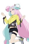  1girl bangs blue_hair character_hair_ornament grey_pantyhose hair_ornament highres ia_(ilwmael9) iono_(pokemon) jacket long_hair multicolored_hair pantyhose pink_eyes pink_hair pokemon pokemon_(game) pokemon_sv shorts single_leg_pantyhose smile solo thigh_strap twintails two-tone_hair very_long_hair white_background yellow_jacket 