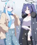  2girls absurdres alternate_costume black_pants blue_archive blue_eyes blue_pants blurry blurry_background closed_mouth coat coat_on_shoulders collared_shirt fur-trimmed_coat fur_trim grey_hair halo hand_in_pocket highres jacket long_hair long_sleeves looking_at_viewer multiple_girls noa_(blue_archive) open_clothes open_jacket pants purple_eyes purple_hair reia_76 scarf shirt shirt_tucked_in smile snowing two_side_up very_long_hair white_shirt yuuka_(blue_archive) 
