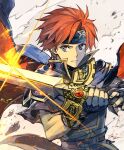  1boy armor belt blue_cape blue_eyes blue_gloves blue_headband cape closed_mouth commentary_request dated fingerless_gloves fire_emblem fire_emblem:_the_binding_blade gloves headband holding holding_weapon looking_at_viewer male_focus nijihayashi orange_cape orange_hair roy_(fire_emblem) short_hair signature solo sword two-tone_cape weapon 