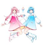  2girls absurdres armband bangs beret blue_eyes blue_hair blush earrings food full_body hat high_collar highres ice_cream ice_cream_float jewelry leg_warmers long_hair long_sleeves looking_at_viewer masumofu multiple_girls nail_polish one_side_up open_mouth original parted_lips pink_eyes pink_hair safety_pin shoes short_hair sleeves_past_wrists smile sneakers very_long_hair 
