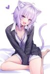  1girl :d ahoge animal_ear_fluff animal_ears barefoot breasts cat_ears cat_girl cat_tail cleavage deadnooodles heart highres hololive long_sleeves looking_at_viewer medium_breasts nekomata_okayu purple_eyes purple_hair shirt short_hair simple_background sitting smile solo tail thighs virtual_youtuber white_background white_shirt 